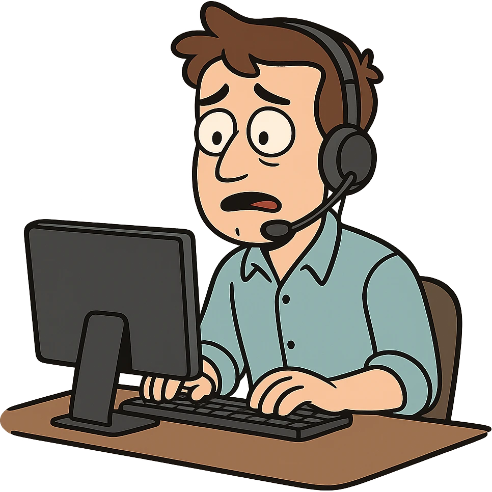 A male call center agent with a headset, at a computer, cartoon style. emoji
