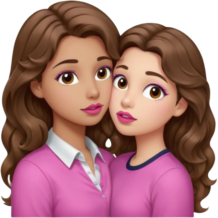 girl with long wavy brown hair, brown eyes, light to medium complexion, in a pink shirt, pink lips, long lashes, puckering up for a kiss emoji