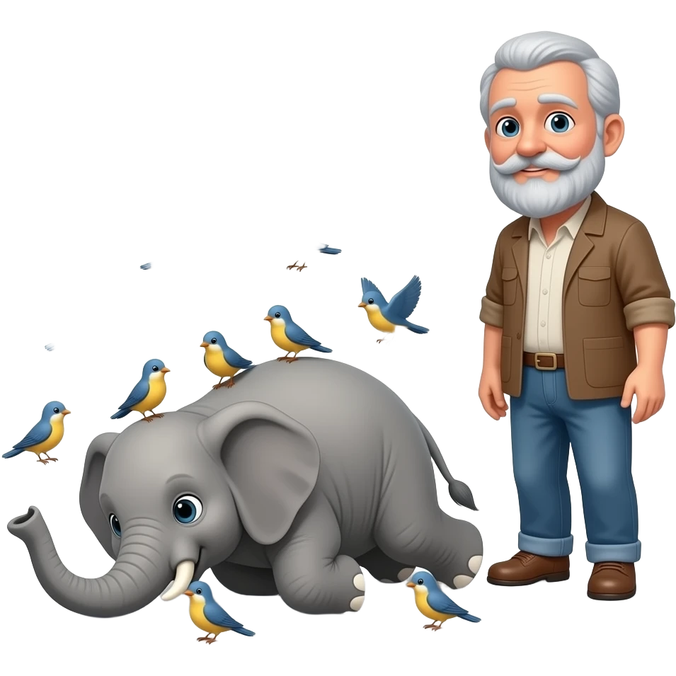 a little elephant fell down on the floor and little birds revolving around elephants head an old man with beard staying by this episode emoji