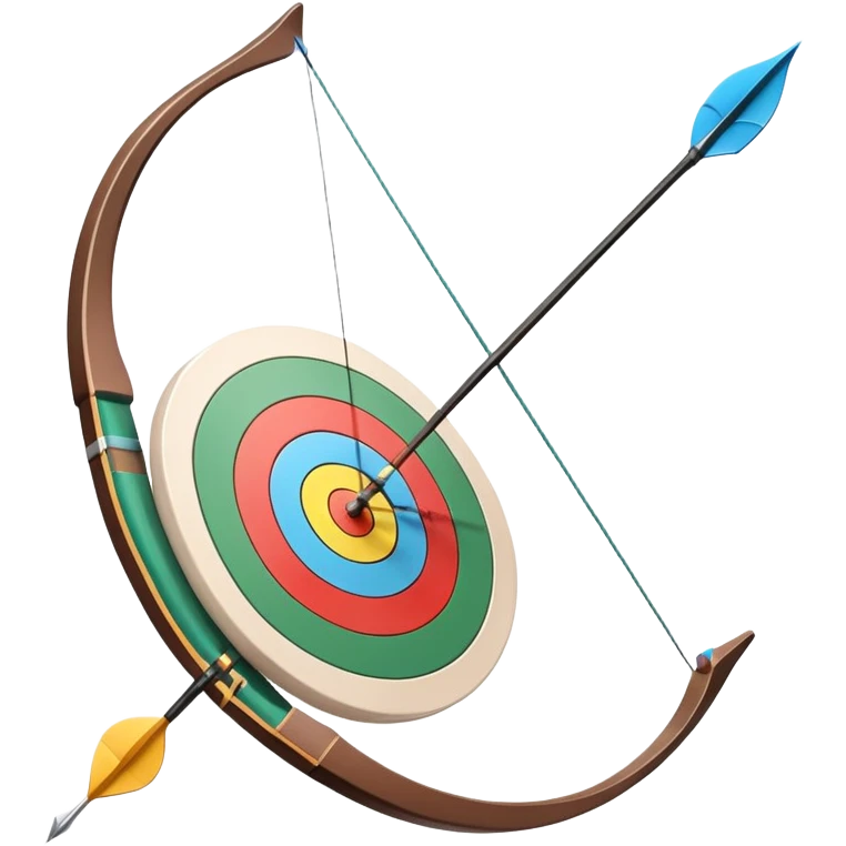 A professional recurve bow with an arrow nocked, ready to be released. The target features concentric rings, placed at a distance. The emphasis is on the bow, arrow, and target, highlighting the precision, focus, and skill involved in competitive archery. emoji