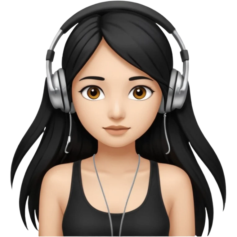 a fair indian girl with straight black long hair, wearing a black cami top. and wearing silver  headphones on emoji
