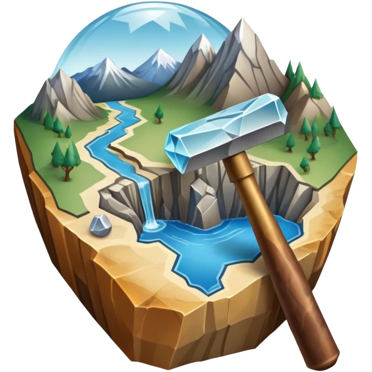 An icon featuring a rock hammer, a fossil, and a geological map, symbolizing geology. The design includes layers of the Earth, a crystal, and a mountain range, representing the study of Earth's structure, materials, and natural processes. Transparent background highlights geological research emoji