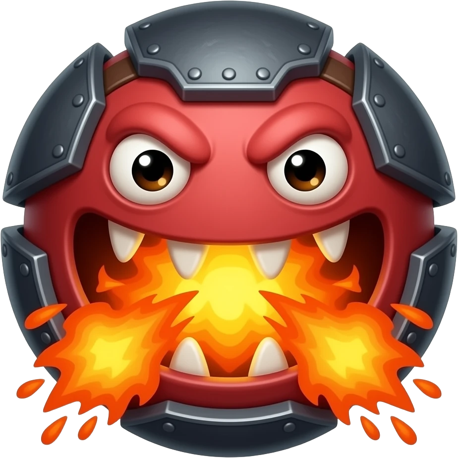 A red floating round sime-ball-like monster with charcoal armor plates and a furnace-hot jaw. It spits fireballs and snaps with explosive bursts of heat. No platform. emoji