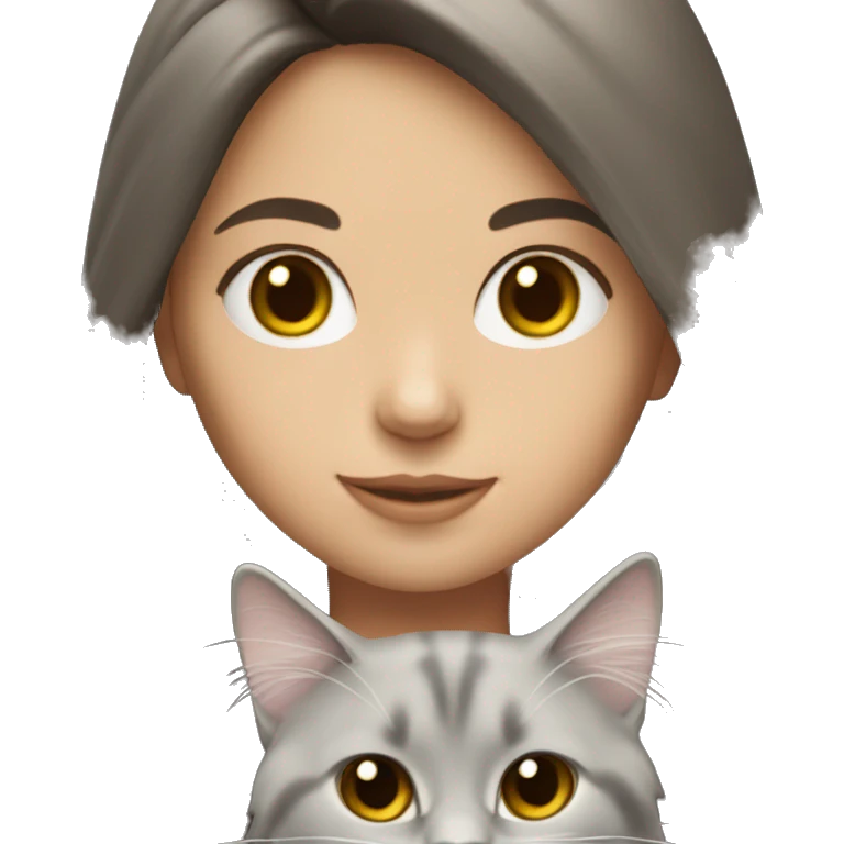 Brunette girl with long hair holding grey ragdoll cat emoji