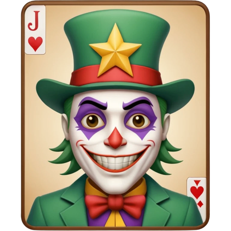 1 poker card, perfectly squared card, with crazy colorful human jolly joker inside, star symbol with a "J" emoji
