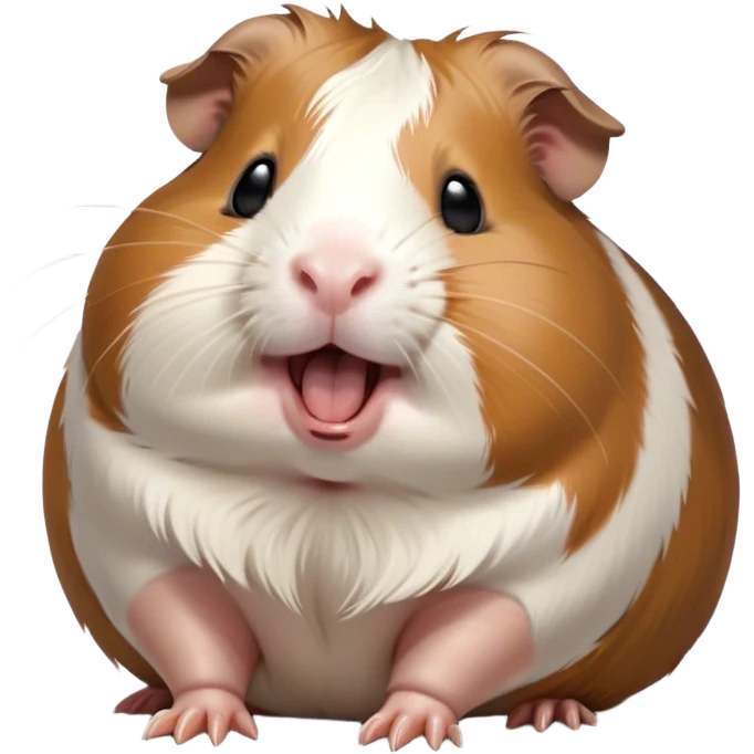 Cinematic Cute Yawning Brown and White Banded Guinea Pig Portrait Emoji, Head tilted slightly with a dramatic, wide-open yawn, revealing a soft, banded coat of brown and white with tiny, droopy ears, round dark eyes barely open in drowsy contentment, Simplified yet irresistibly adorable features, highly detailed, glowing with a soft, cozy glow, high shine, relaxed yet expressive, stylized with a touch of whimsy, bright and endearing, soft glowing outline, capturing the essence of a sleepy yet affectionate guinea pig, so drowsy it feels like it could stretch out of the screen and curl up for a nap! emoji