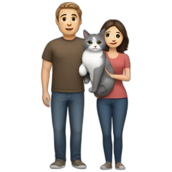 white brun man and brunette woman with a fat gray cat in their arms emoji