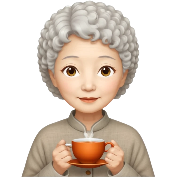 Chinese woman 70 years old, warm serene expression, short white curly hair, brown eyes, simple linen clothes, tea scent aura emoji