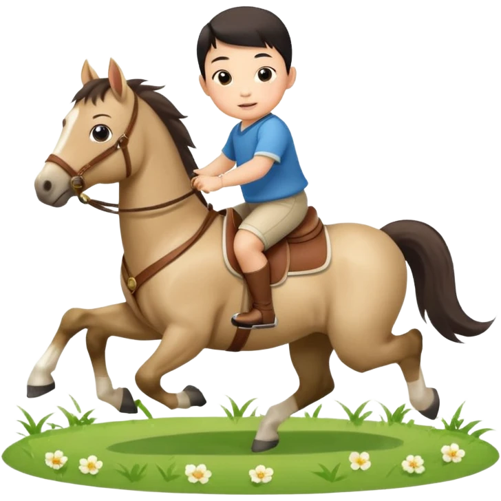 l little chinese baby boy riding on a  cute horse running on the grass with 2026 year label emoji