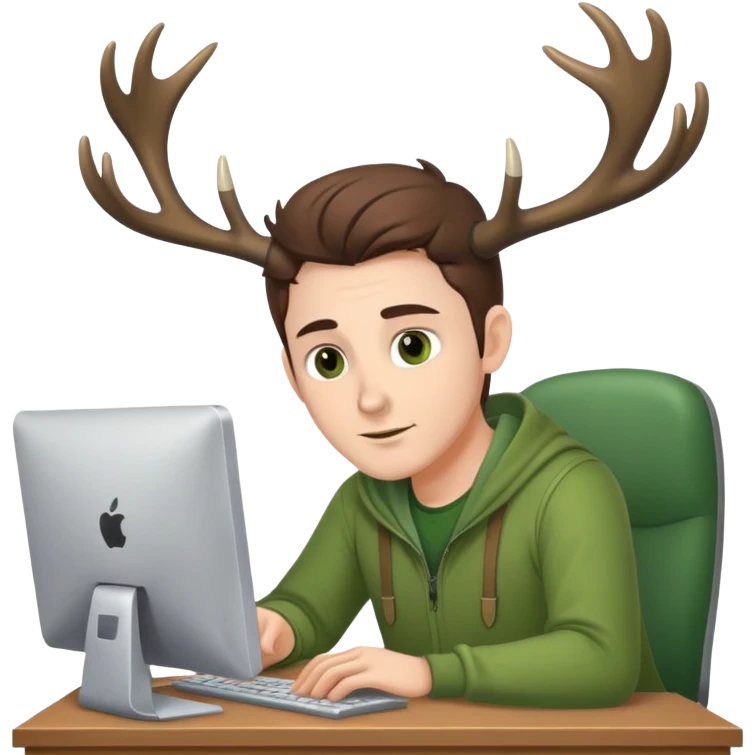 White Guy works at computer with deers antlers, green clothes, brown eyes  emoji