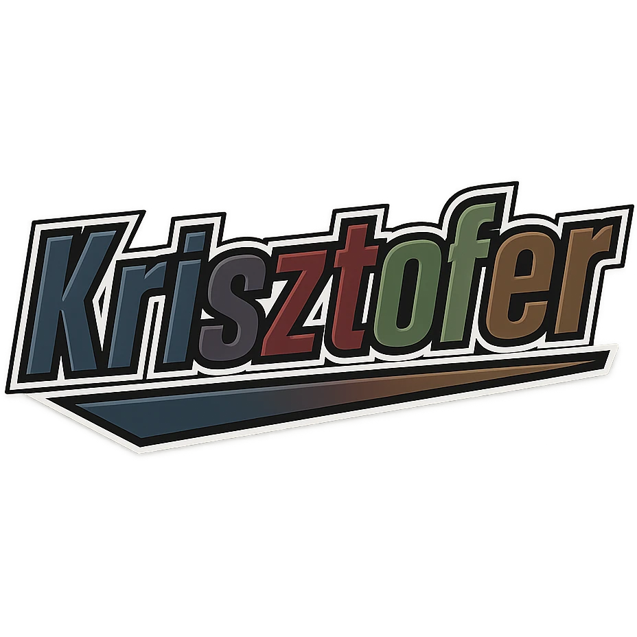Text design of the name 'Krisztofer' in a masculine, modern gradient font with precise Hungarian characters, dark contour, extra thick, prominent white border as in the uploaded sample, dynamic slanted underline, masculine color shades including blue, gray, burgundy, green, and brown, 1000x1000 px, PNG, transparent background. emoji