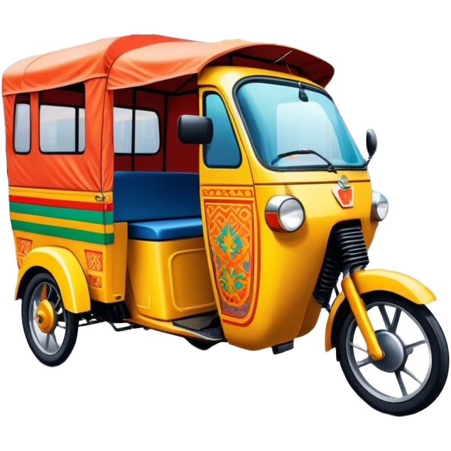 Cinematic Realistic image of a colorful auto rickshaw, rendered with detailed textures and lively, bold hues, set on a bustling urban street with dynamic, vibrant lighting that emphasizes its iconic role emoji
