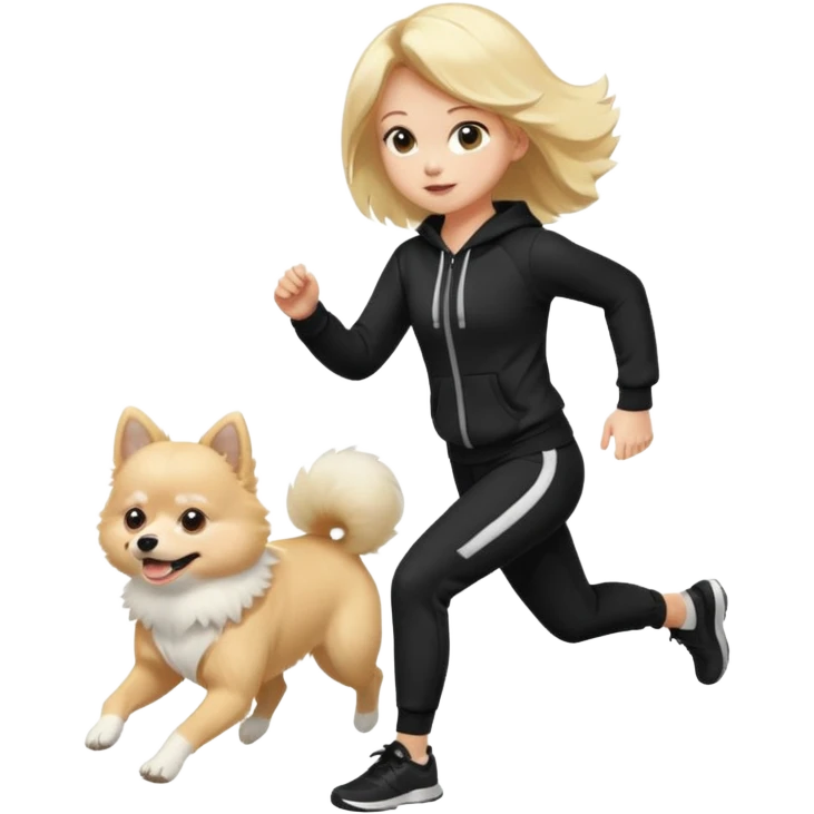Blond Girl with black Jogging Outfit run with white pomeranian emoji