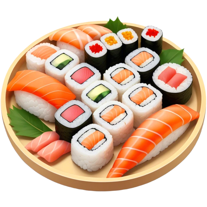 Cinematic Realistic Sushi Dish Emoji, depicted as an artful arrangement of fresh sushi with vibrant colors rendered with lifelike textures and delicate, natural lighting. emoji