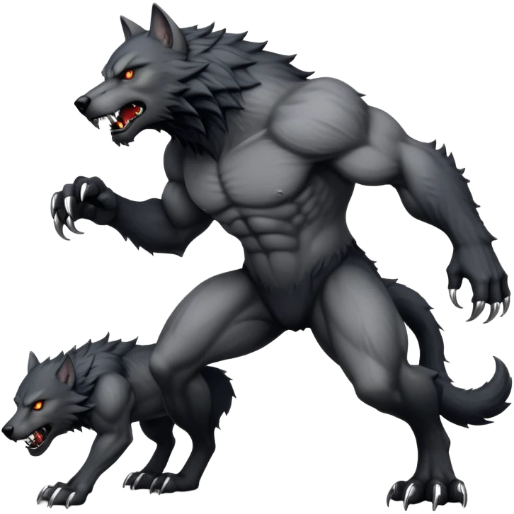 cinematic-noble-fierce-werewolf-full body on all fours-emoji, poised-and-imposing, with a tall, lean, and muscular wolfish frame inspired by the brutal, imposing shape of the beast from Berserk, fur rippling in shades of midnight black and silver, massive paws with razor-sharp claws, elongated limbs and fangs, eyes glowing with an intense, primal ferocity, reflecting the untamed power of the wild moonlit night; rendered with realism like a wolf emoji