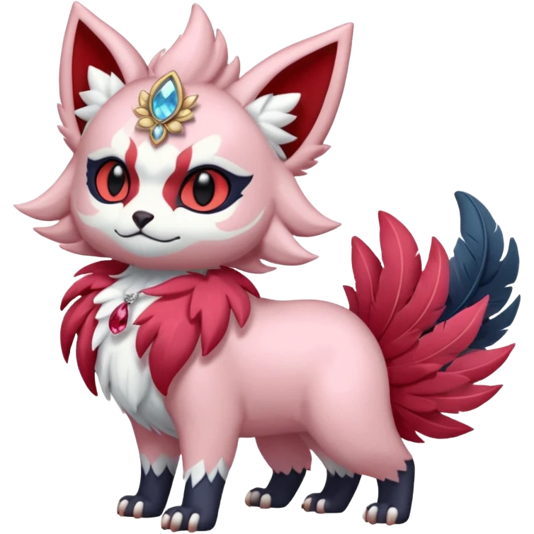 Floral feathery pastel pink and ruby-jewelry-adorned Absol-Litten-Amaura-fusion-Fakemon-animal-creature  emoji