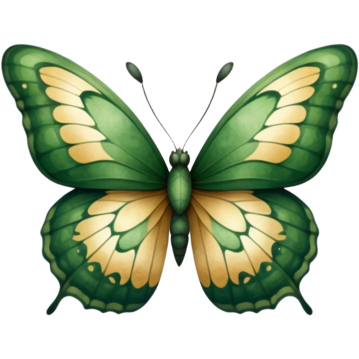 A bold, dark green butterfly with textured watercolor wings resembling leaves, blending natural elements with organic patterns. The wings have tiny golden flecks, adding a touch of elegance to the soft, earthy-toned background.
 emoji