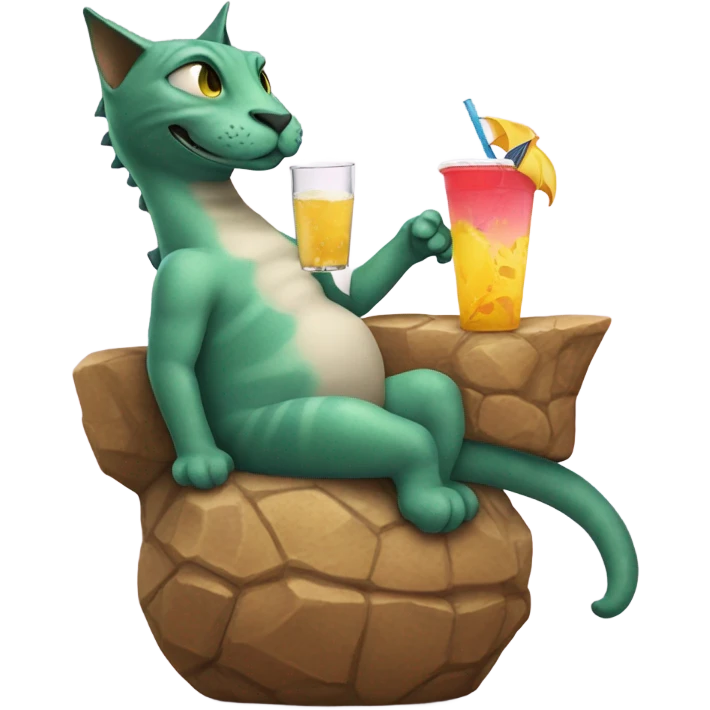 Cat sitting on dinosuar with a drink in hand emoji