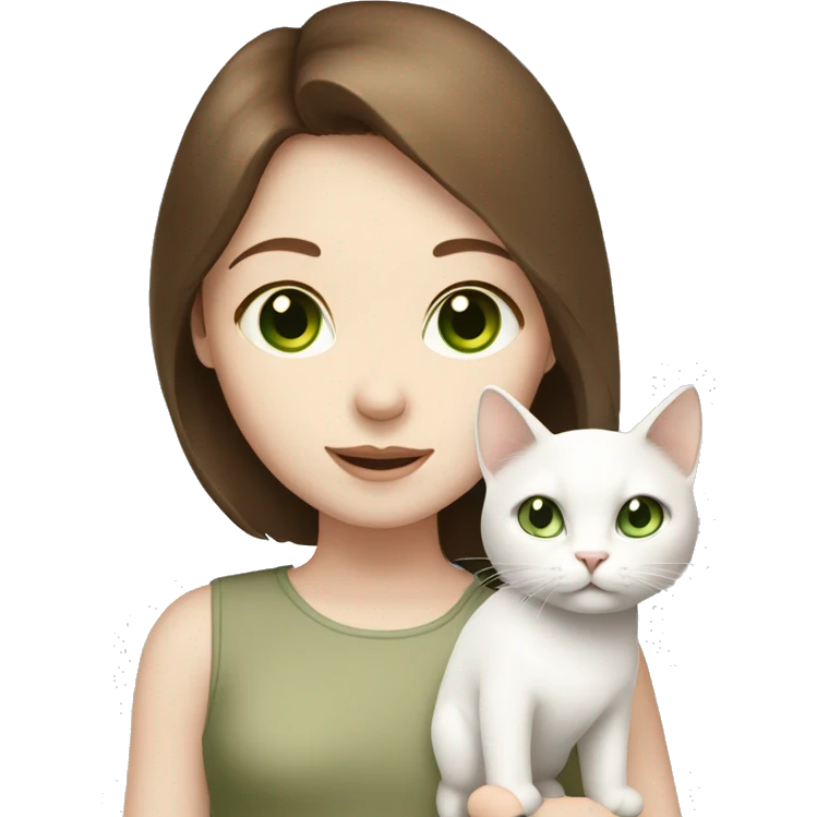 A girl with brown hair, pale skin holding a white cat with green eyes  emoji