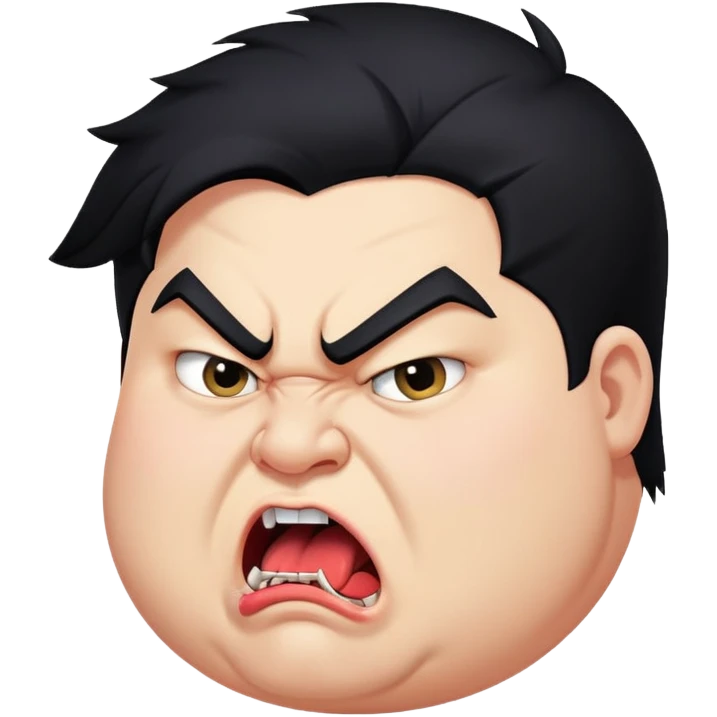 chubby young angry man in profile view with black hair, sharp fangs, crossed eyes, exaggerated long tongue sticking out emoji