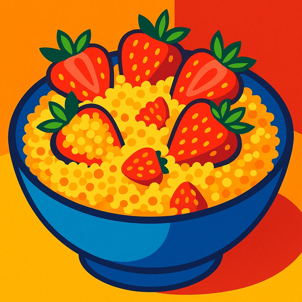 a bowl of couscous with strawberries, vibrant, appetizing, clear details, food illustration emoji