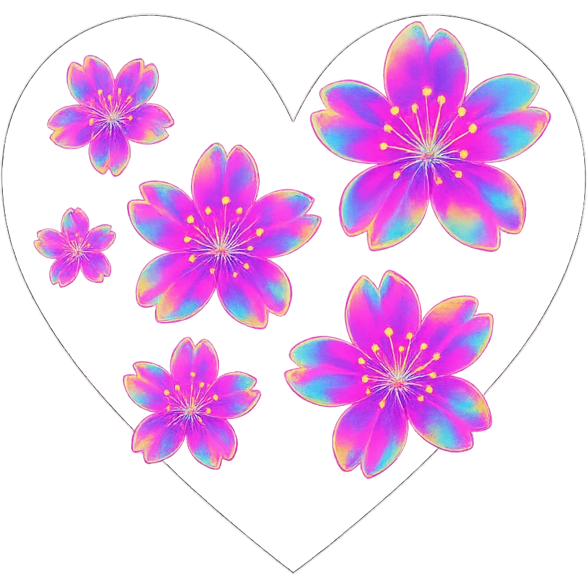 goth sakura heart, rainbow holographic style, black heart with iridescent pink sakura, vibrant and futuristic emoji