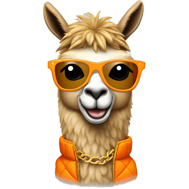 llama wearing an orange puffer vest and sun glasses gold chain emoji
