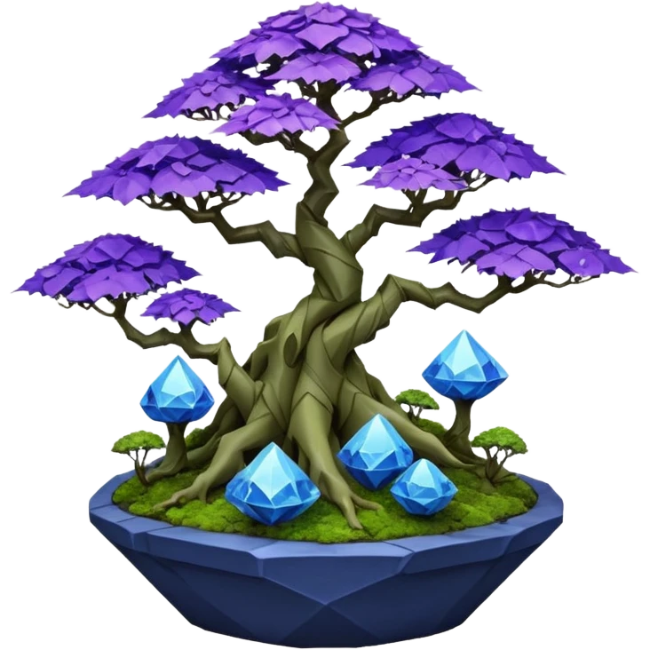 Futuristic wild glowing alien moss maples Bonsai hair-fine-leaf group multi faceted intricate crystal boxwood purple rose blue informal rocky cliffhanger eight trees forest planting in shallow origami slab style pot with big anthropomorphic feet  emoji