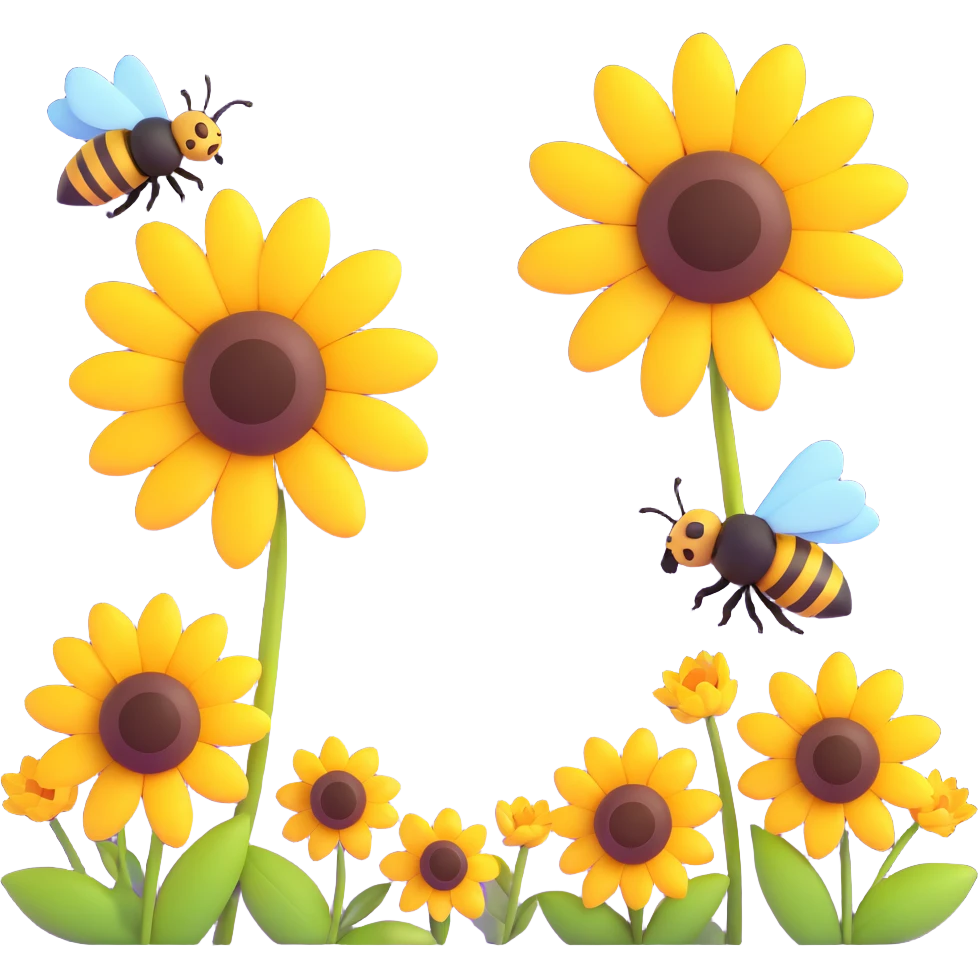 Two bees flying above yellow flowers with a sun in the background emoji