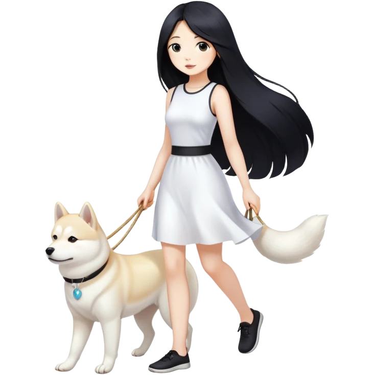A beautiful girl with long black hair walks a white Shiba Inu emoji
