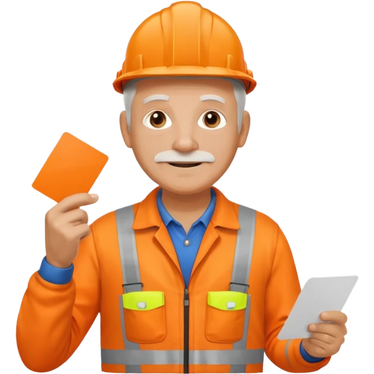 older engineer hi-vis orange overalls full body holding a card emoji