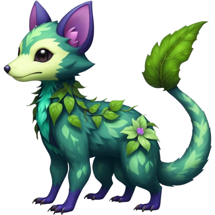 Realistic Sharp mossy elemental ivy floral detailed Colorful translucent luminescent glowing Trico-Noibat-batty-Sergal-Furret-Ferret-Wolverine-Vernid-furry-fursona-fusion-Fakemon-animal-hybrid-creature, full body emoji