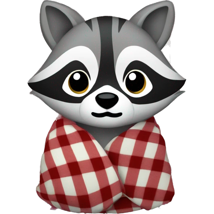 Raccoon wrapped in a checkered blanket facing front, iOS 18 style emoji