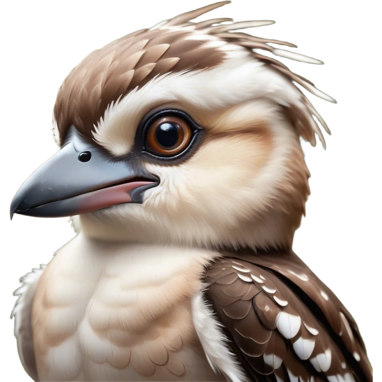 Cinematic Cute Kookaburra Portrait Emoji, Head tilted playfully and inquisitively, featuring a glossy brown plumage with subtle cream accents and a perky, expressive beak, round, sparkling eyes filled with curious mirth, Simplified yet irresistibly adorable features, highly detailed, glowing with a warm, friendly glow, high shine, affectionate and spirited, stylized with a touch of bushland whimsy, bright and endearing, soft glowing outline, capturing the essence of a mischievous yet loving kookaburra, so playful it feels like it could chuckle out of the screen into your arms! emoji