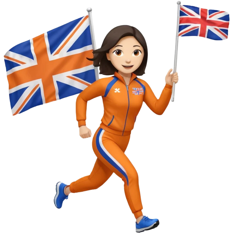 asian woman in orange sport suit and holding uk flag in one hand, running emoji