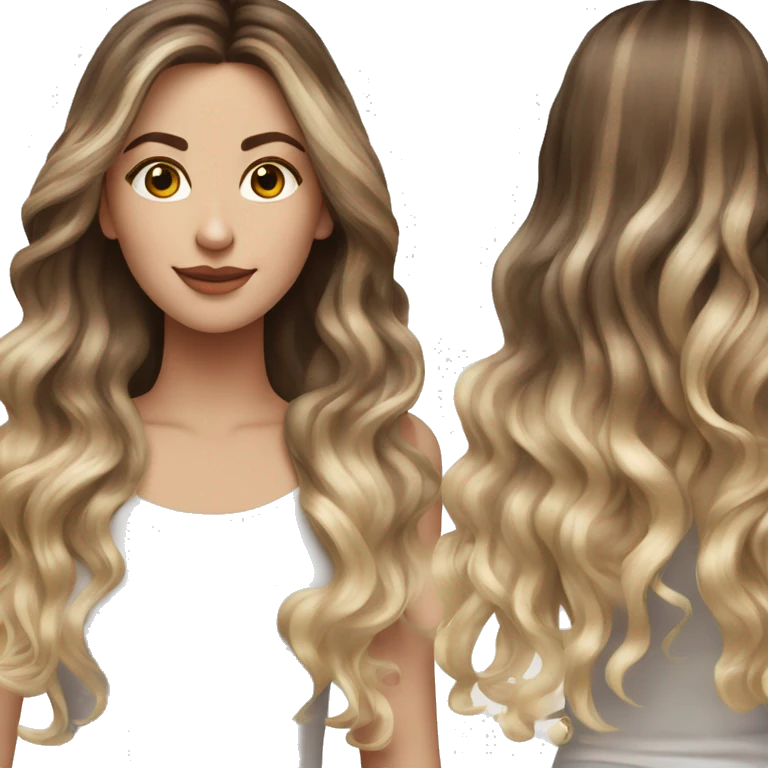 White girl with long voluminous brown hair with blonde highlights balayage emoji