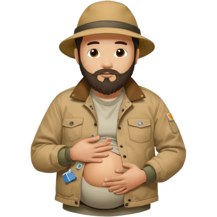 Bearded man rubbing pregnant belly poking out of shirt wearing a tan canvas carhartt jacket with  chinese hat on emoji