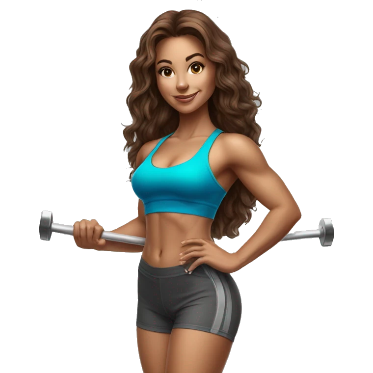 Hyperrealistic pencil drawing of athletic sexy girl in full height with brown hair and barbell emoji