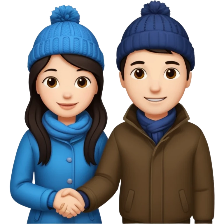 date night christmas couples, dark hair, holding hands, looking at each other, wearing a winter outfits emoji