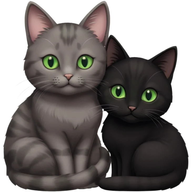 1 grey cat with pastal green eyes and 1 black with green eyes cat cuddling emoji