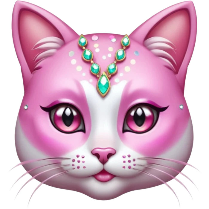 glamorous cat portrait, head and shoulders only, exaggerated pink makeup, bright eyeshadow, long eyelashes, shiny blush cheeks, sparkling face gems, glitter accents, elegant earrings, fantasy beauty style, cute 3D cartoon, mobile game icon style, clean background, no text, no watermark
 emoji