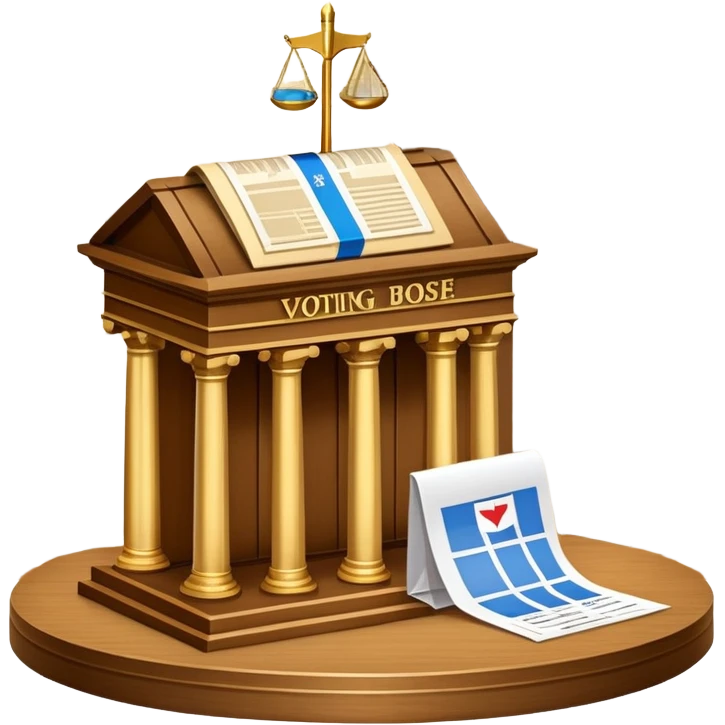 An icon featuring a ballot box with a voting paper, a government building with columns, and a scale of justice, symbolizing political science. The design includes a world map in the background, representing global political systems. Transparent background highlights governance and civic studies. emoji