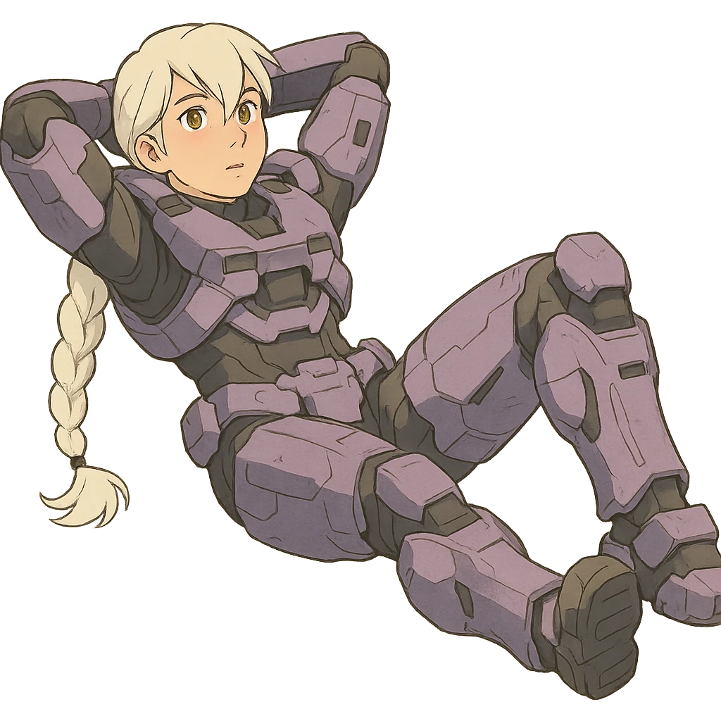 female, wearing reach spartan armor shoulder-unequip, long white braid hair with massive messy front side single bangs, gold yellow eyes, attention pose, HALO:series, no helmet, the armor is lavender color scheme, laying back and relaxing flat on the ground emoji