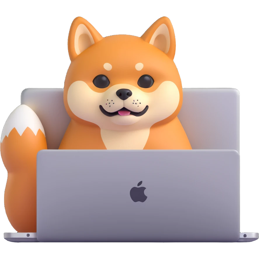 rounded 3D cartoon Shiba Inu mascot named Horus with tan orange fur, peeking over a glowing silver MacBook laptop with glowing screen, dog looks calm and focused, modern Apple emoji style, soft shadows, glossy, tight framing, white or transparent background emoji