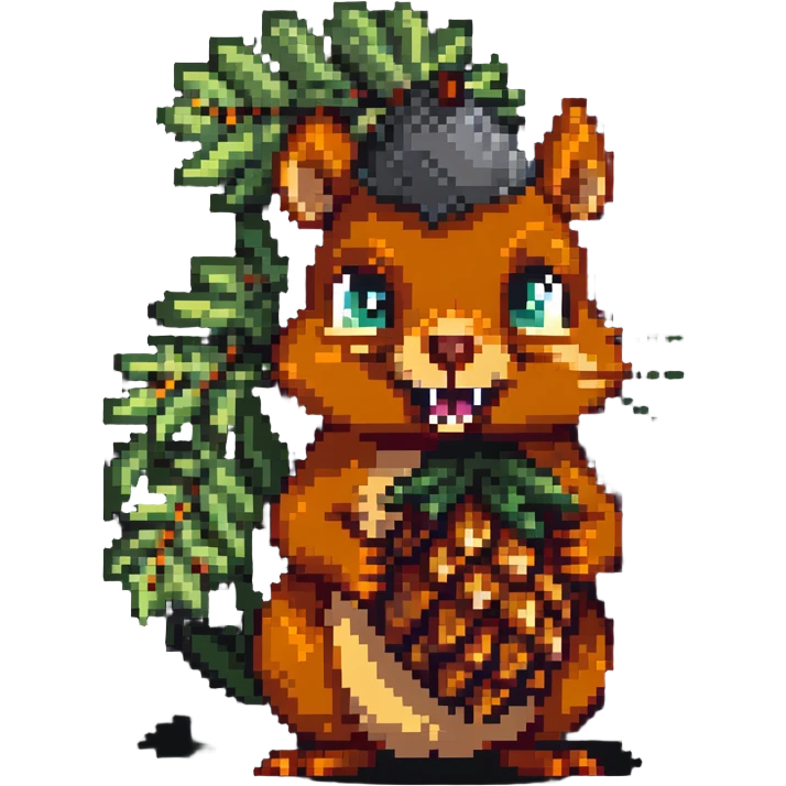 Greedy squirrel with big pine cone on head, weird creepy expression, hungry looking emoji