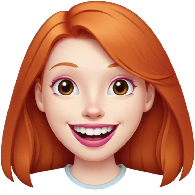 Young girl with pale skin, longer face, full pink lips smiling with big teeth, very long straight ginger red hair (no blonde at all), big brown eyes, bigger nose, big mouth emoji