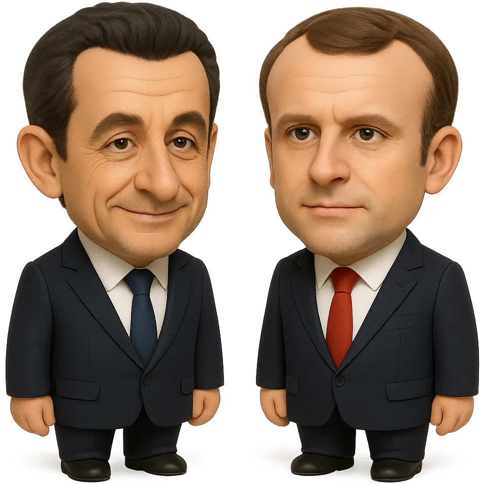 3D chibi caricature of Nicolas Sarkozy and Emmanuel Macron side by side, oversized heads, small realistic bodies, navy suits, Sarkozy with blue tie and slight smile, Macron with red tie and neutral expression, semi-realistic, soft shadows, accurate faces emoji