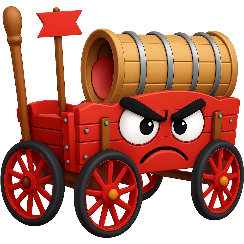 Make the goofy wagon look angrier with cartoon eyes narrowed and a frowning mouth, but still silly. Preserve transparent background. emoji