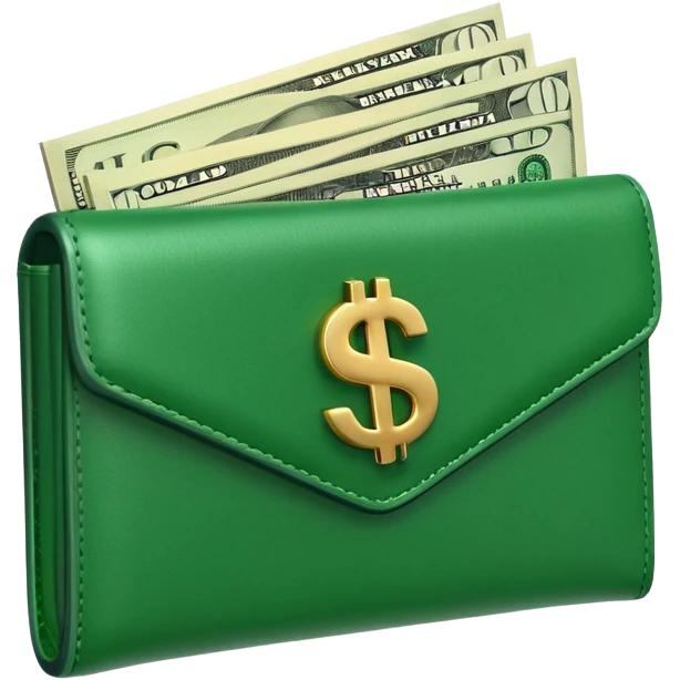 Rich emoji style green leather wallet with dollar bills, luxury money vibe, premium 3D emoji, ultra clean, high detail, no background emoji