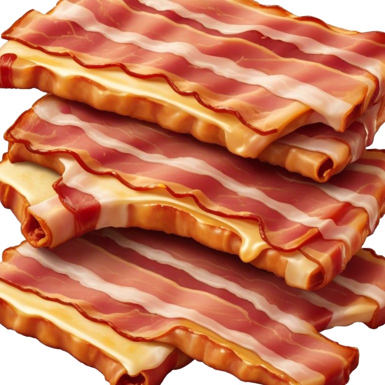 Cinematic crispy sizzling bacon, slightly curled, golden-brown with a perfect crunch, glistening with rich flavor, deep warm tones, served on a breakfast plate, comforting and indulgent. emoji